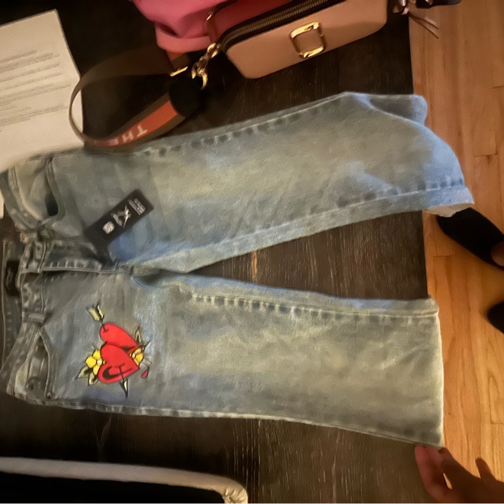 Ed Hardy Light Blue Jeans with Red Heart Embroidery